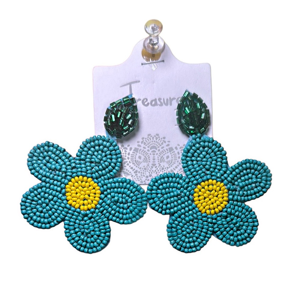 Felt back seed bead turquoise flower fashion earrings